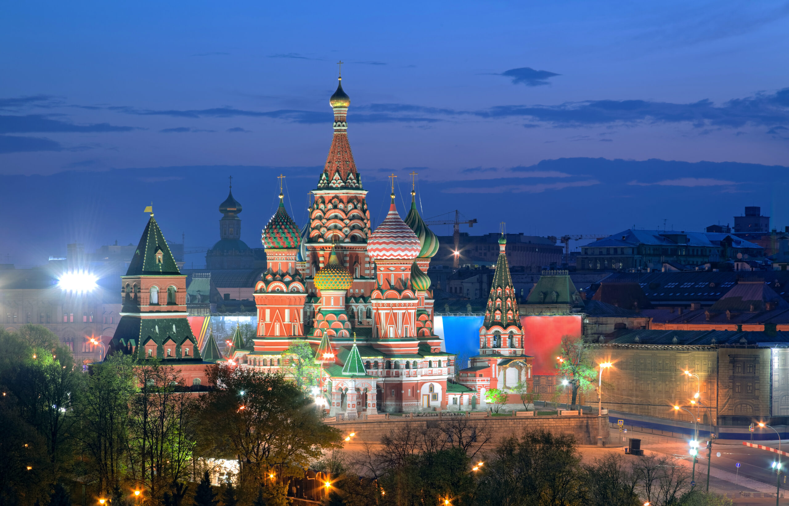 View at dusk on the monument of Russian architecture and a UNESCO World Heritage site - Cathedral of Vasily the Blessed in Red Square in Moscow, Russia